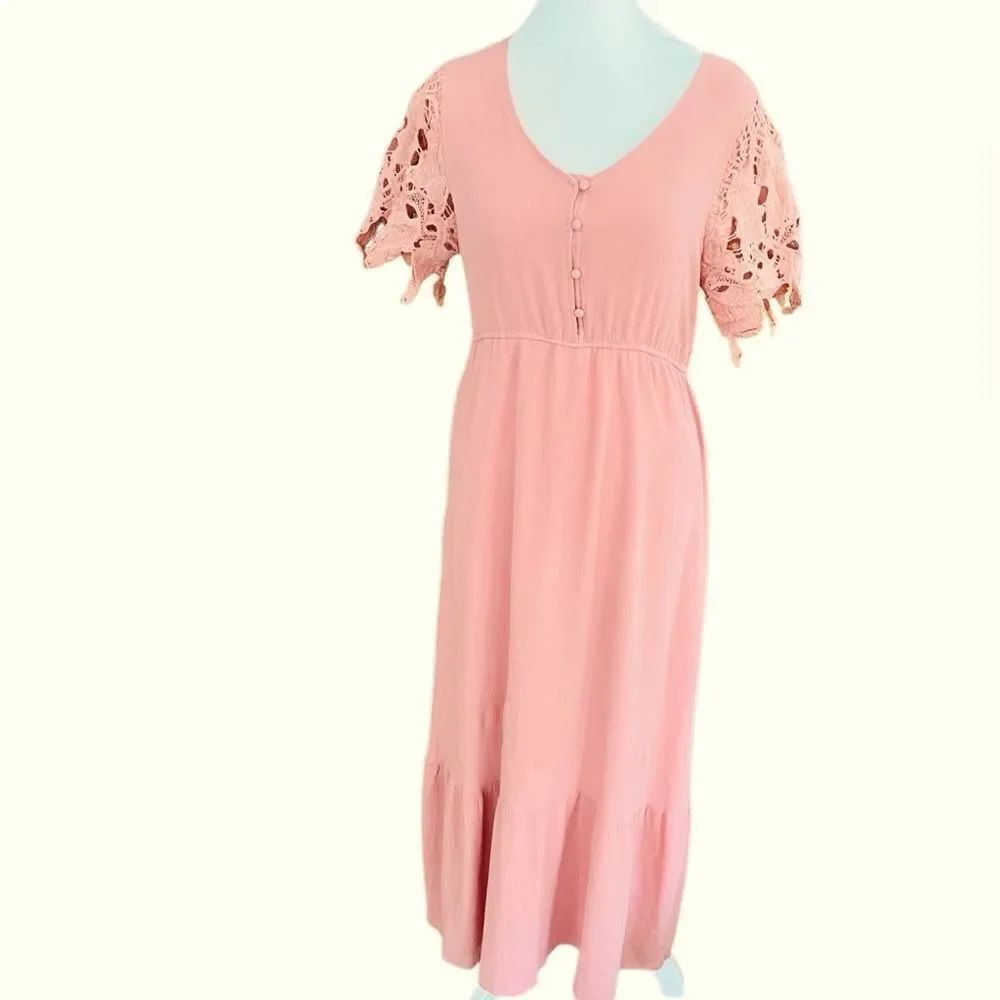 Polagram Dusty Rose pink โmaxi Lace Sleeve button front dress size Medium.